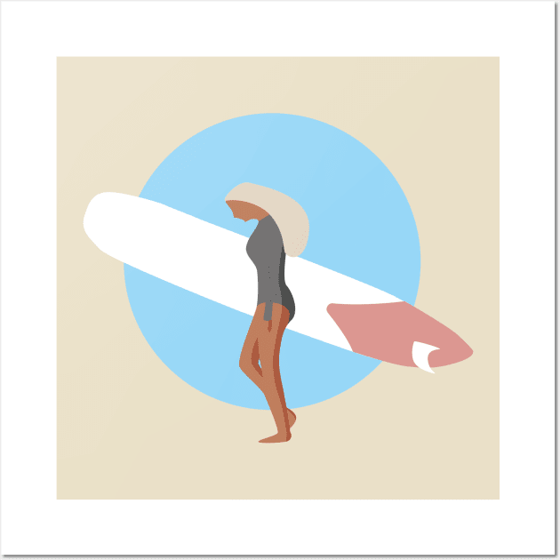 Surf Girl With Longboard In Blue Circle Wall Art by JDP Designs